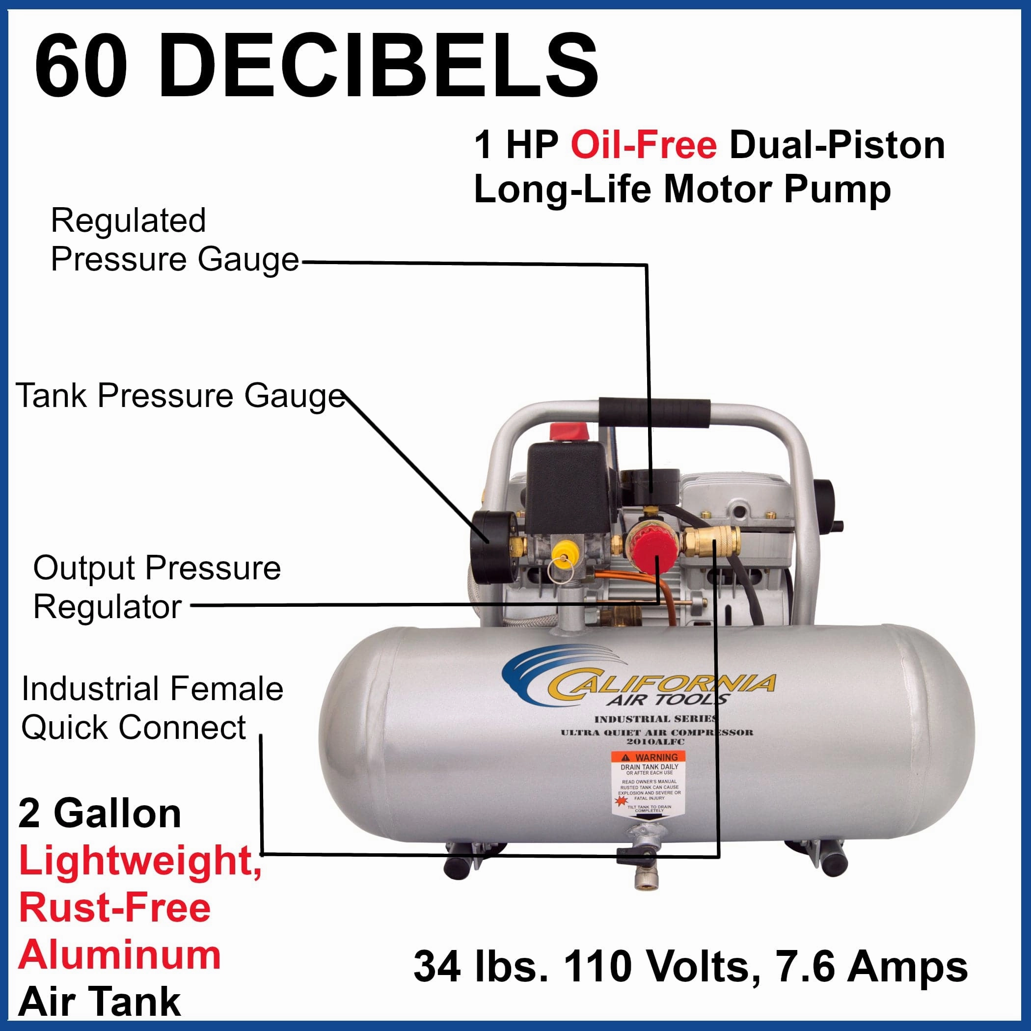 1HP 2 Gallon Aluminum Tank Air Compressor - Oil-Free
