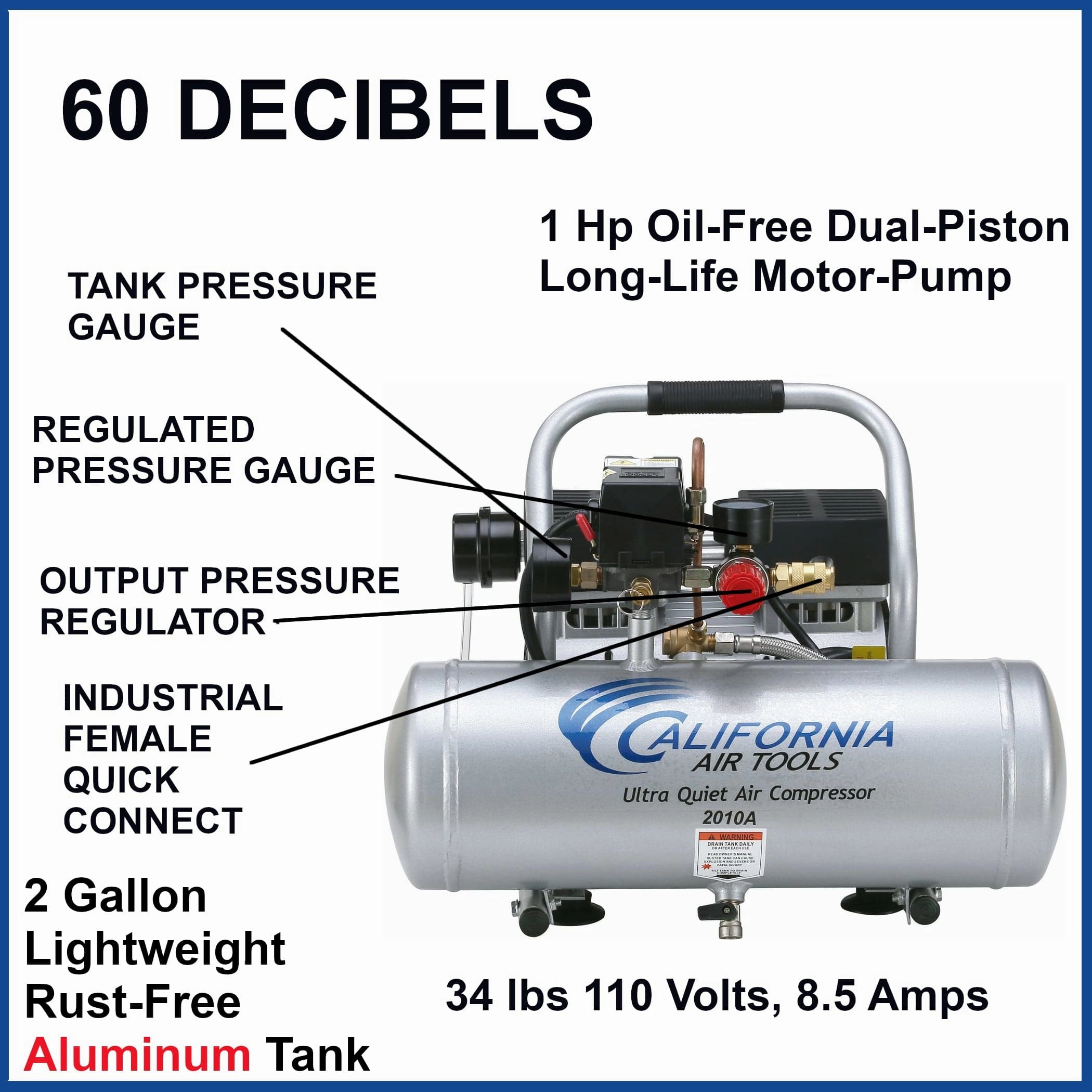 1HP 2 Gallon Oil-Free Aluminum Tank Air Compressor - Ultra Quiet