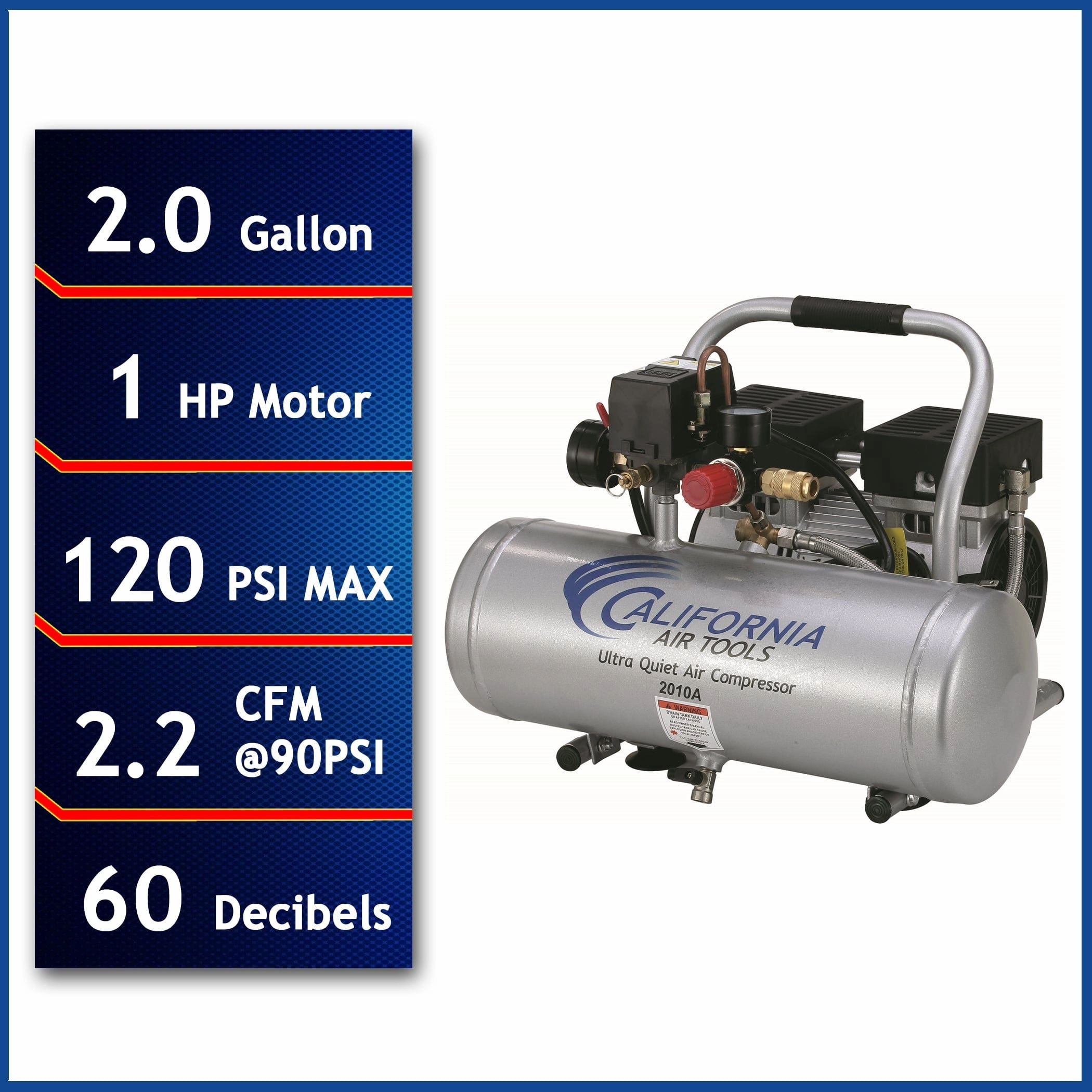 1HP 2 Gallon Oil-Free Aluminum Tank Air Compressor - Ultra Quiet