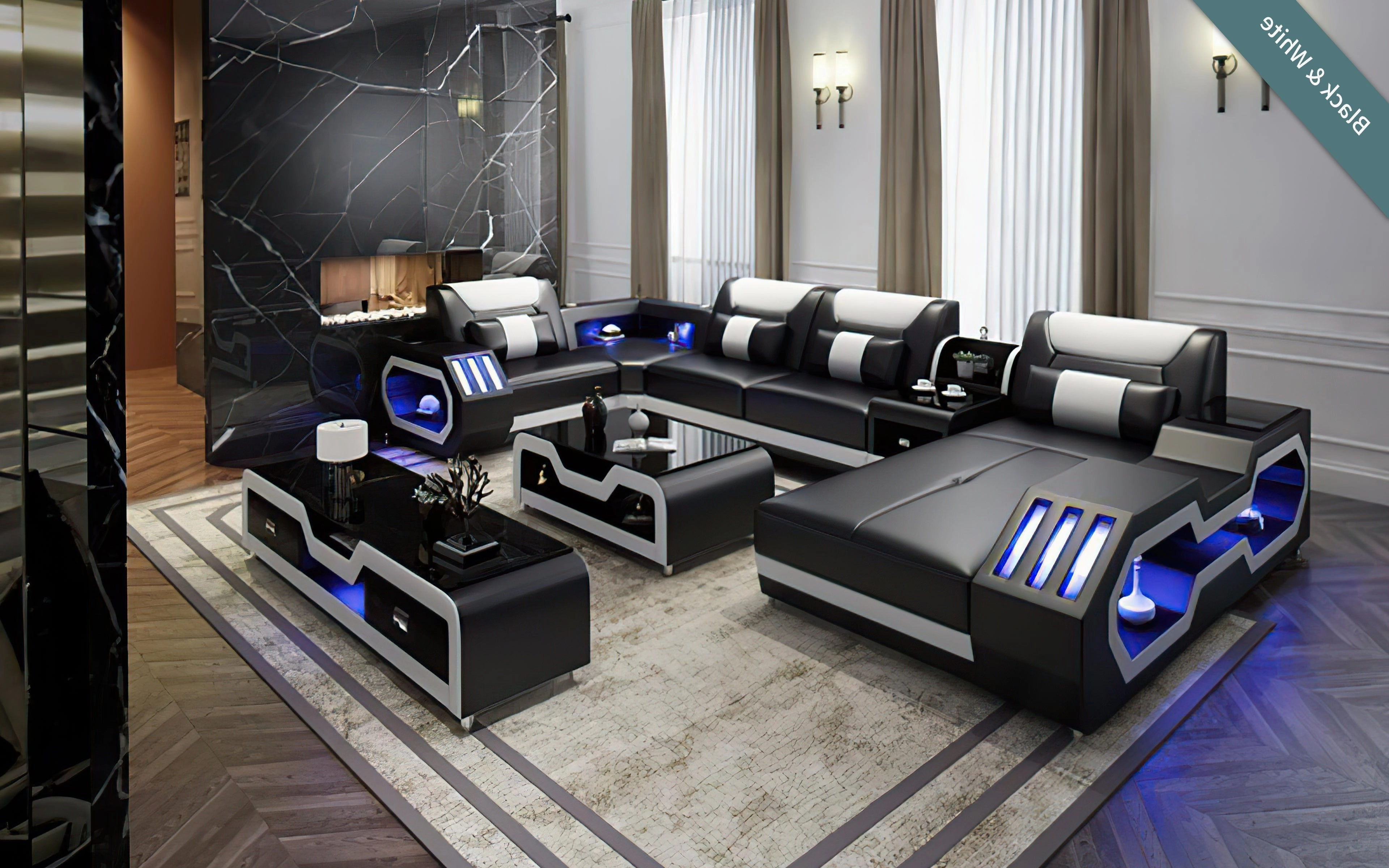 Black and Tan Omont Modern Italian Leather Sectional with Console