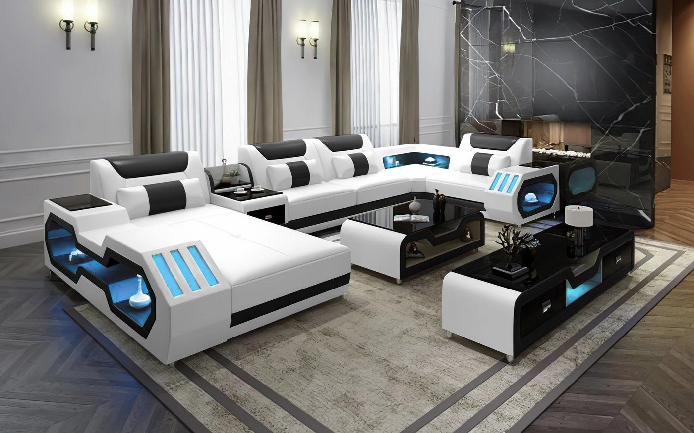 Black and Tan Omont Modern Italian Leather Sectional with Console