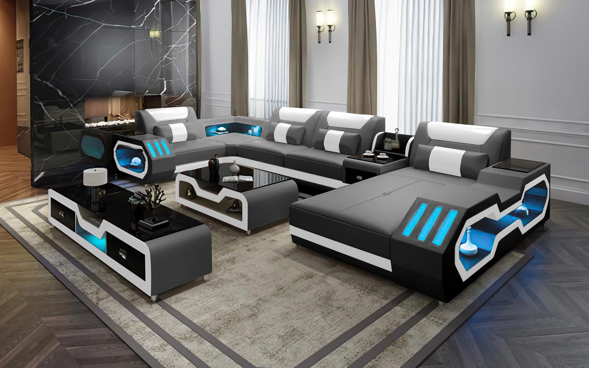Black and Tan Omont Modern Italian Leather Sectional with Console