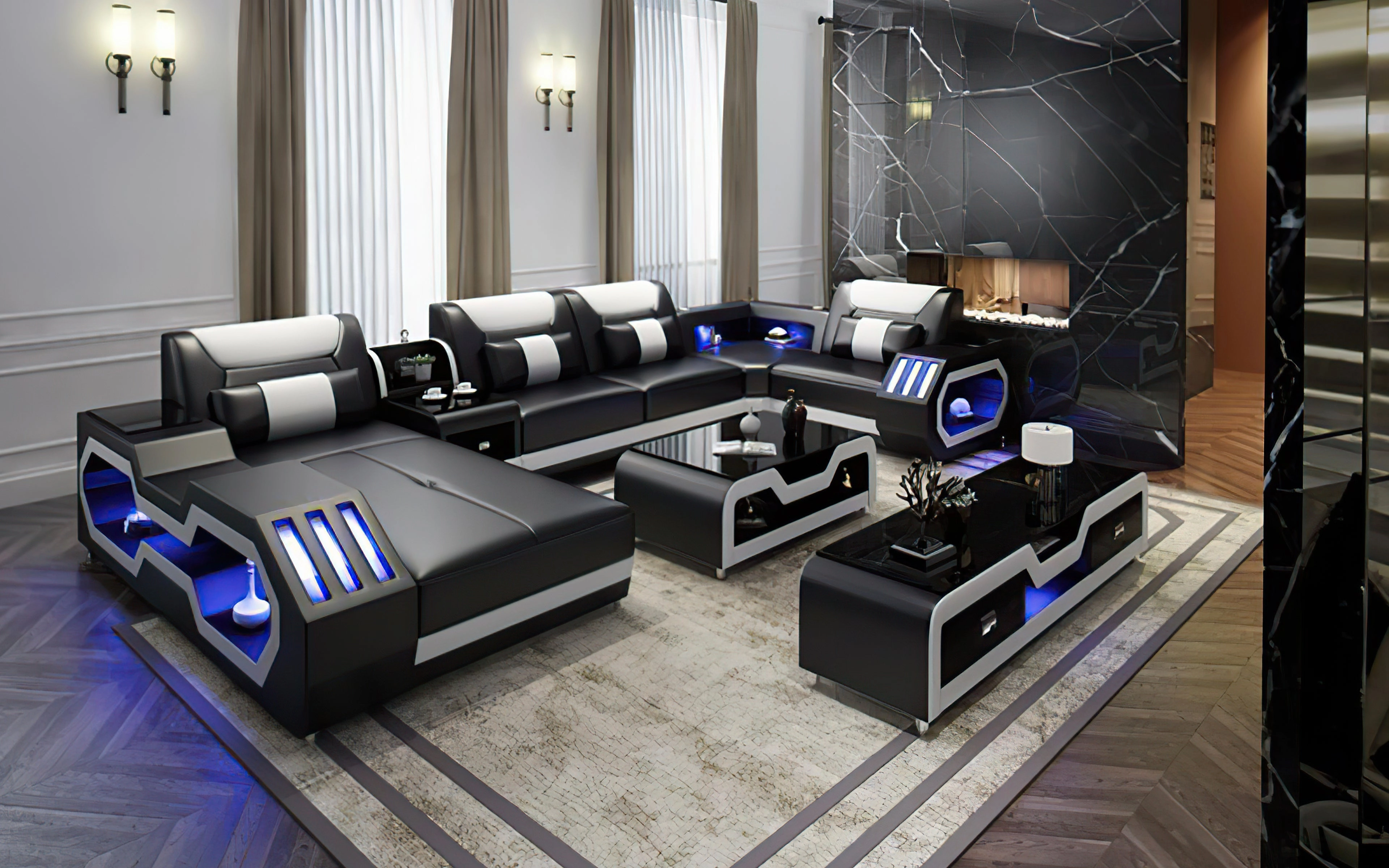 Black and Tan Omont Modern Italian Leather Sectional with Console