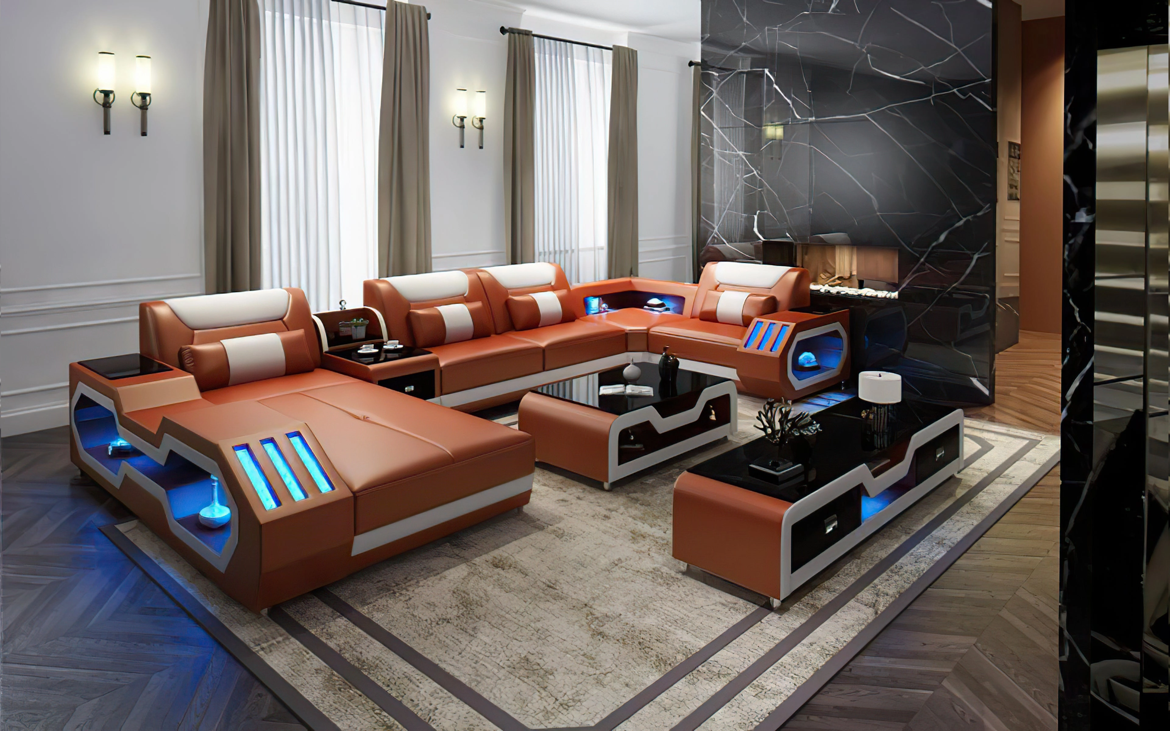 Black and Tan Omont Modern Italian Leather Sectional with Console