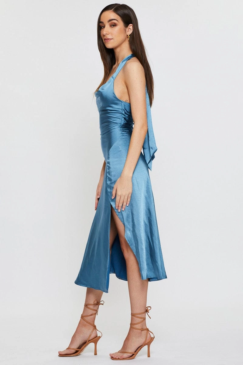 Blue Slip Dress Midi Satin