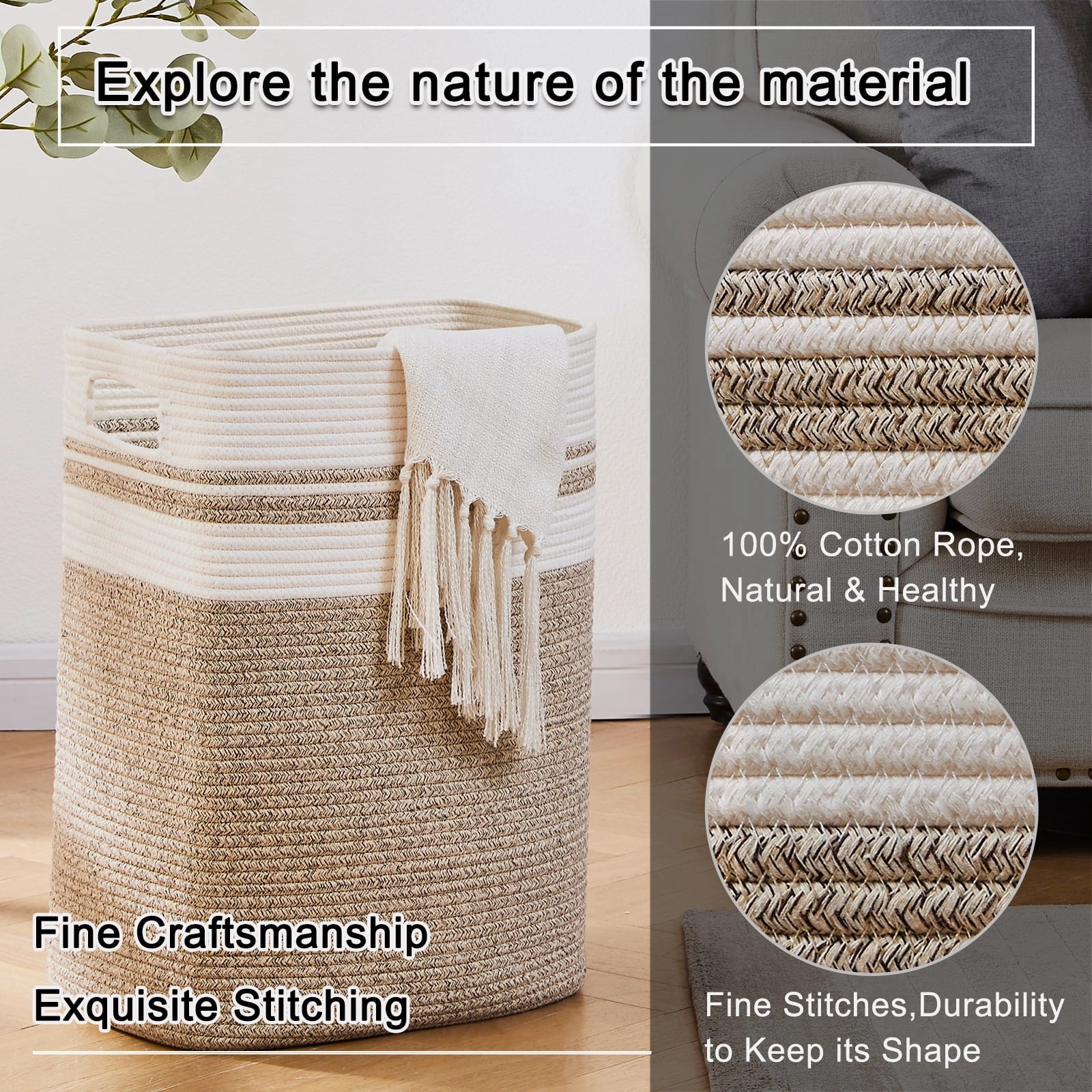 Cherishgard 16x13x22 Cotton Woven Rope Laundry Hamper, Yellow-One