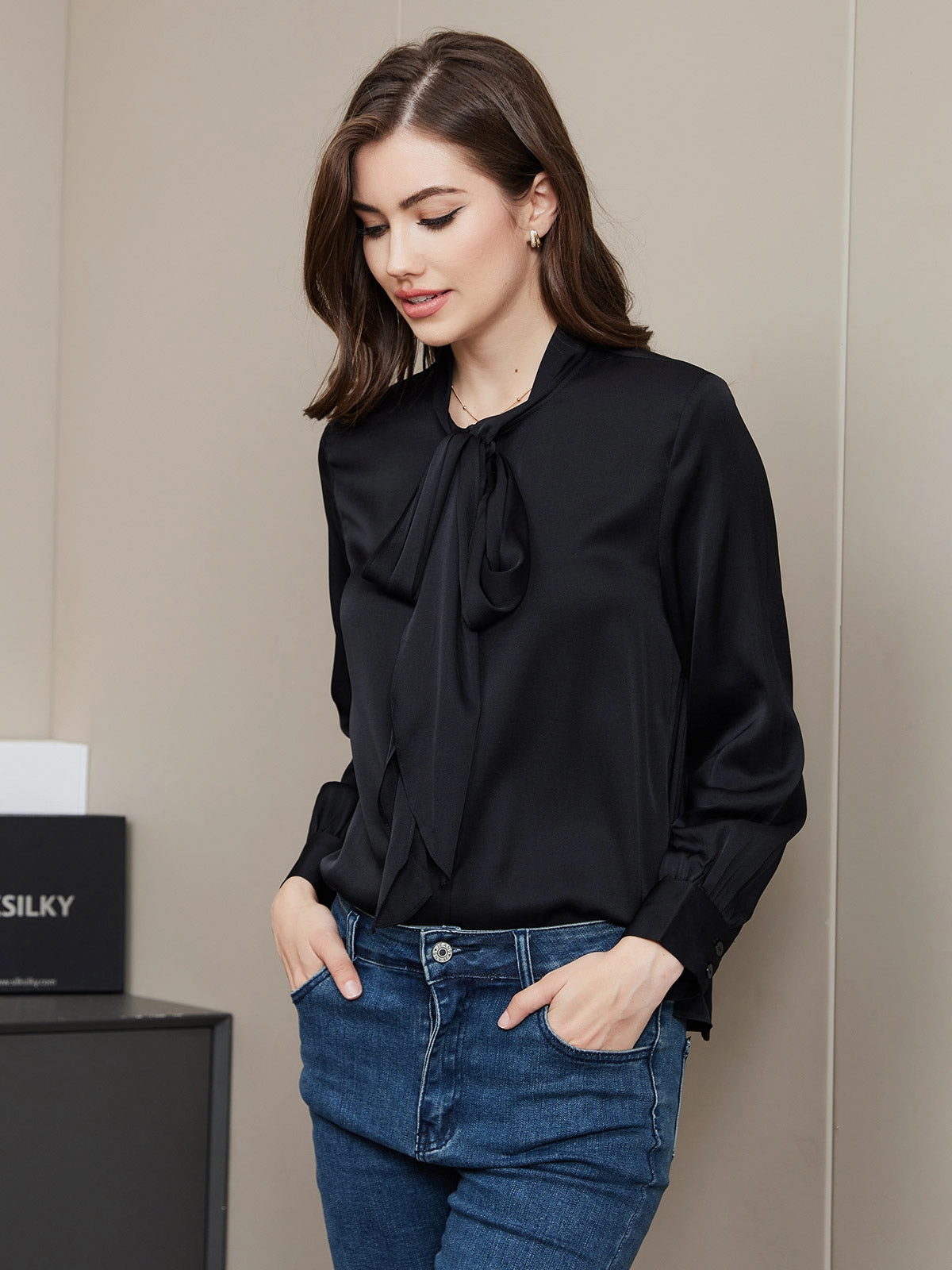 Clearance -Bow Tie Silk Blouse Shirt