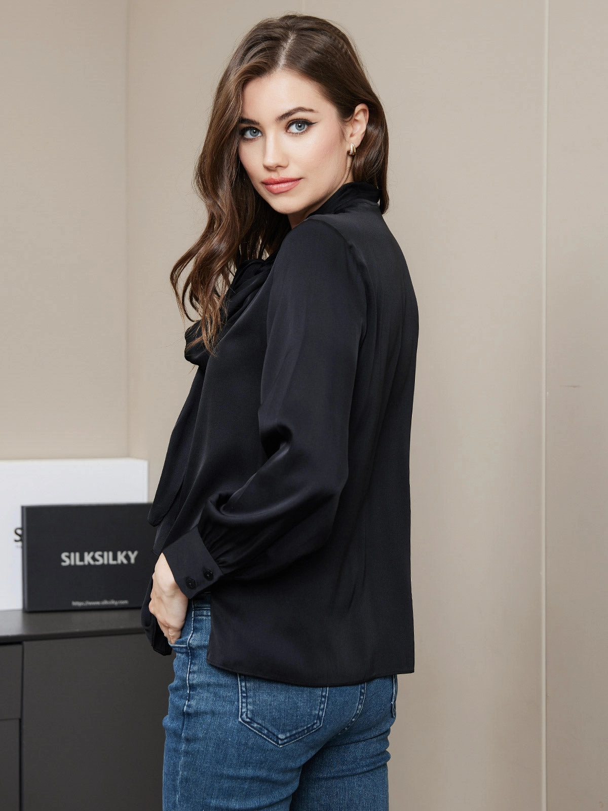Clearance -Bow Tie Silk Blouse Shirt