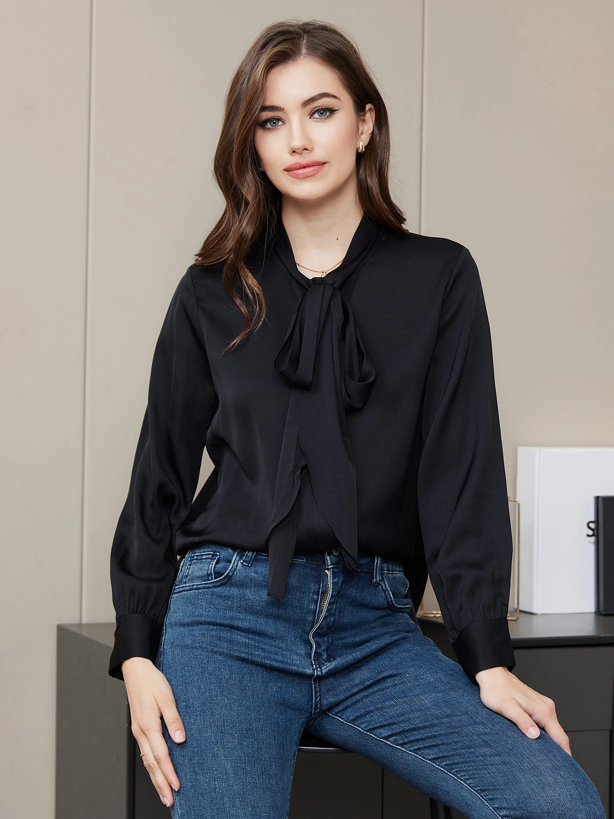 Clearance -Bow Tie Silk Blouse Shirt