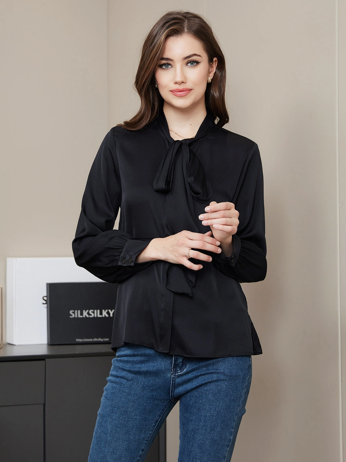 Clearance -Bow Tie Silk Blouse Shirt