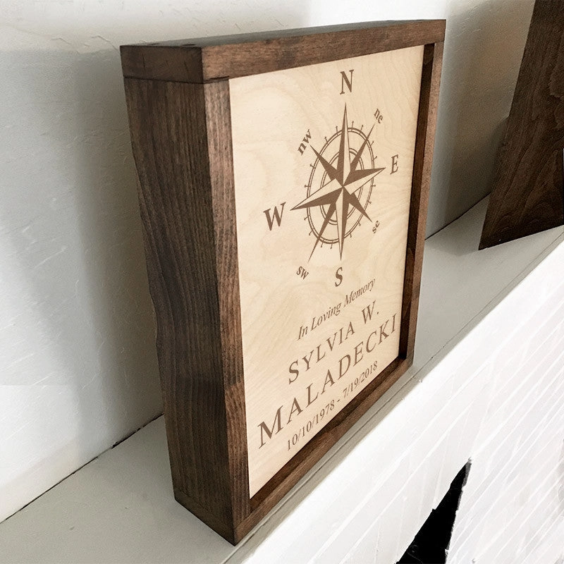 Compass Rose Wall Mounted Wood Cremation Urn Plaque