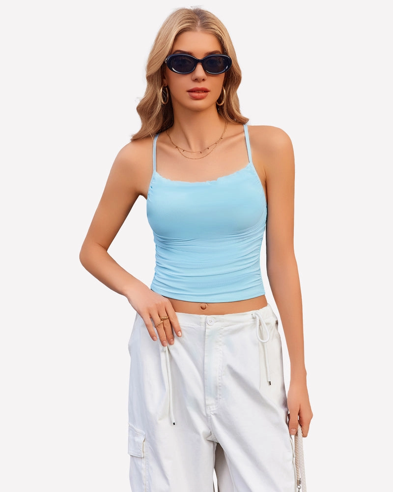 Cowl Neck Tops Mesh Ruched Camisole