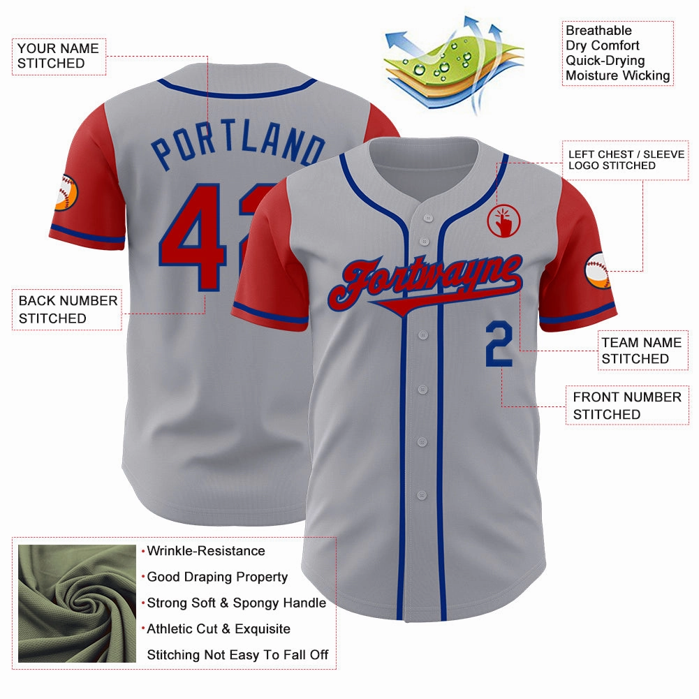 Custom Gray Red-Royal Authentic Two Tone Baseball Jersey