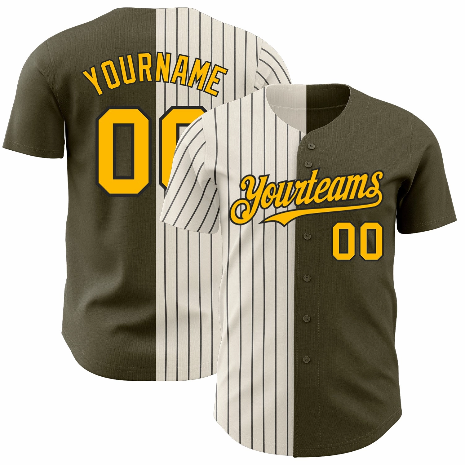 Custom Olive Gold Cream-Black Pinstripe Authentic Split Fashion Salute To Service Baseball Jersey