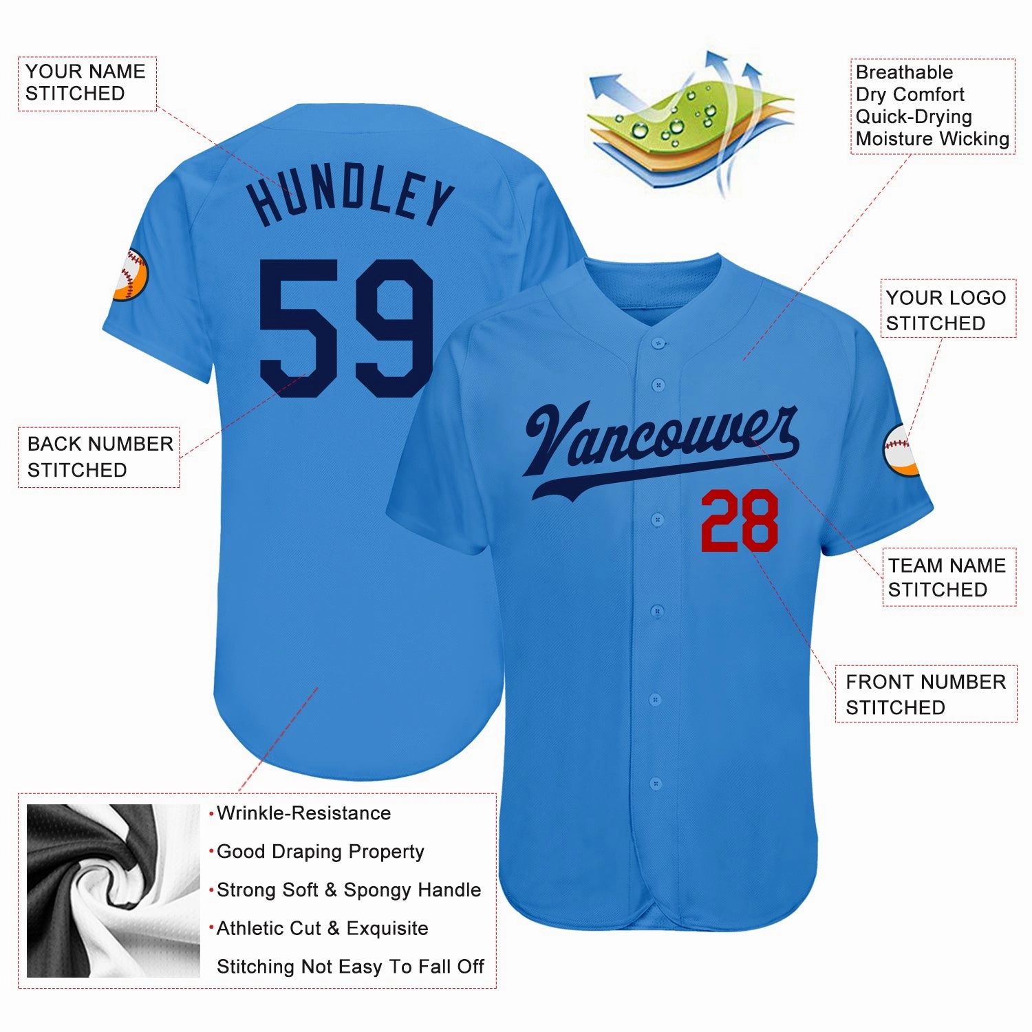 Custom Powder Blue Navy-Red Authentic Baseball Jersey
