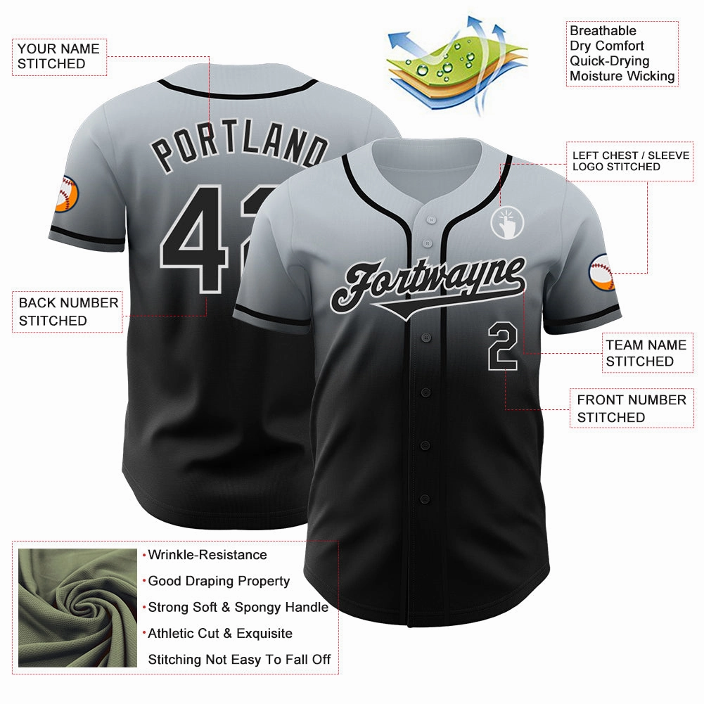 Custom Silver Black-White Authentic Fade Fashion Baseball Jersey