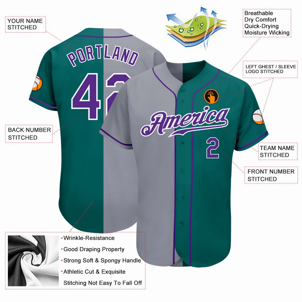 Custom Teal Purple-Gray Authentic Split Fashion Baseball Jersey