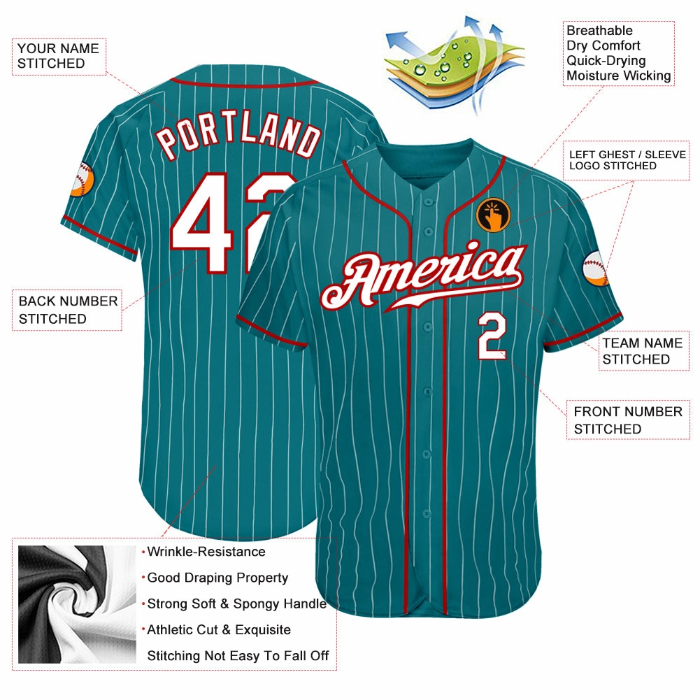 Custom Teal White Pinstripe White-Red Authentic Baseball Jersey