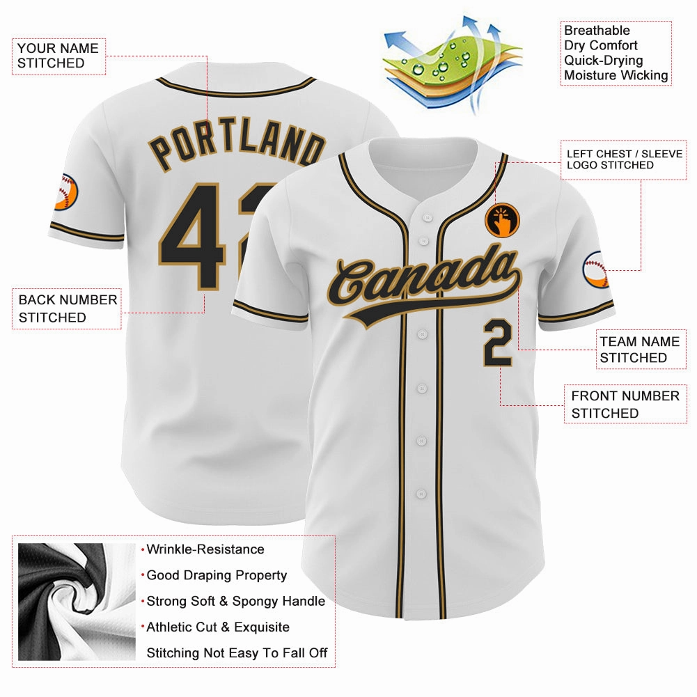 Custom White Black-Old Gold Authentic Baseball Jersey