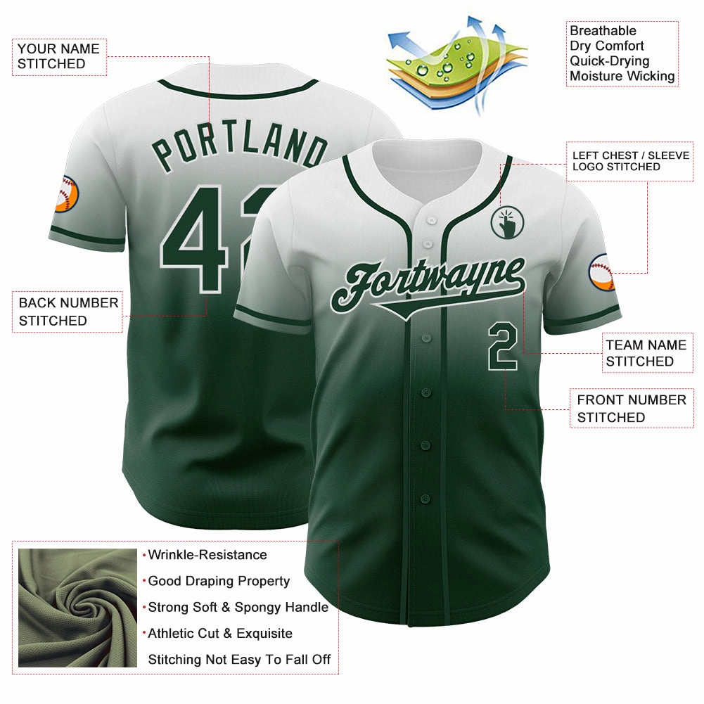 Custom White Green Authentic Fade Fashion Baseball Jersey