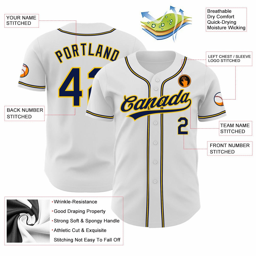 Custom White Navy-Gold Authentic Baseball Jersey