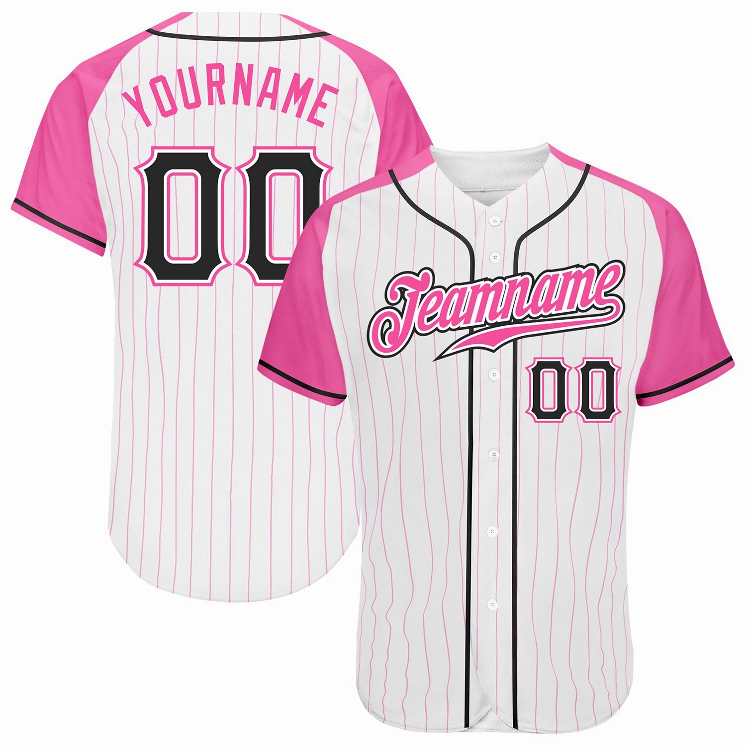 Custom White Pink Pinstripe Black-Pink Authentic Raglan Sleeves Baseball Jersey