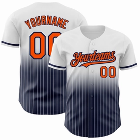 Custom White Pinstripe Orange-Navy Authentic Fade Fashion Baseball Jersey