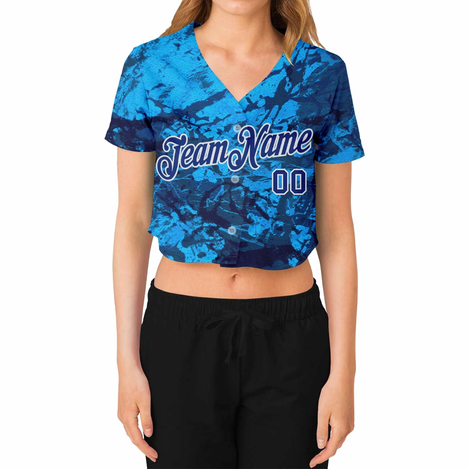 Custom Women's Graffiti Pattern Royal-White Abstract Ink Handmade Art 3D V-Neck Cropped Baseball Jersey