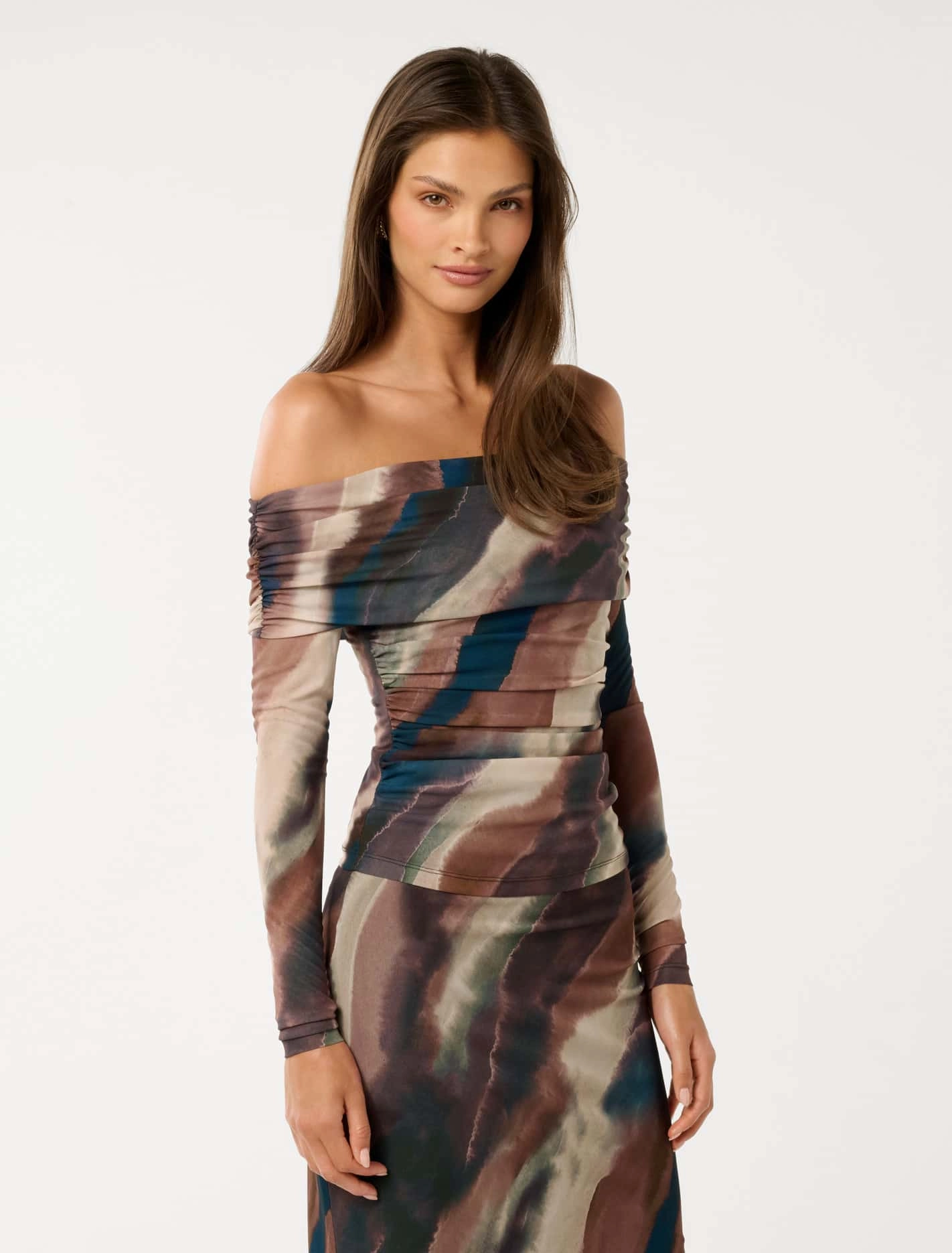 Kaia Ruched Mesh Bardot Top