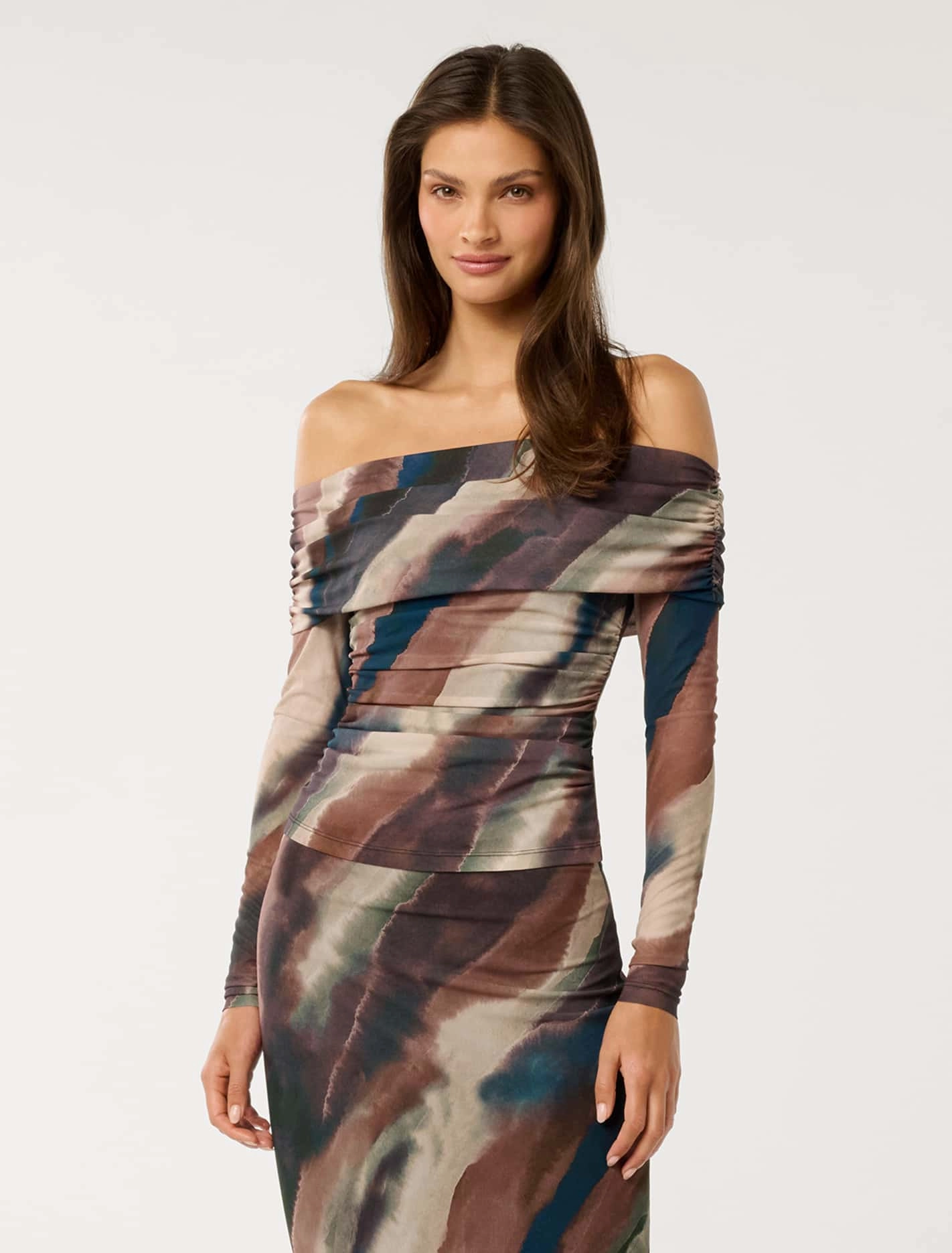 Kaia Ruched Mesh Bardot Top