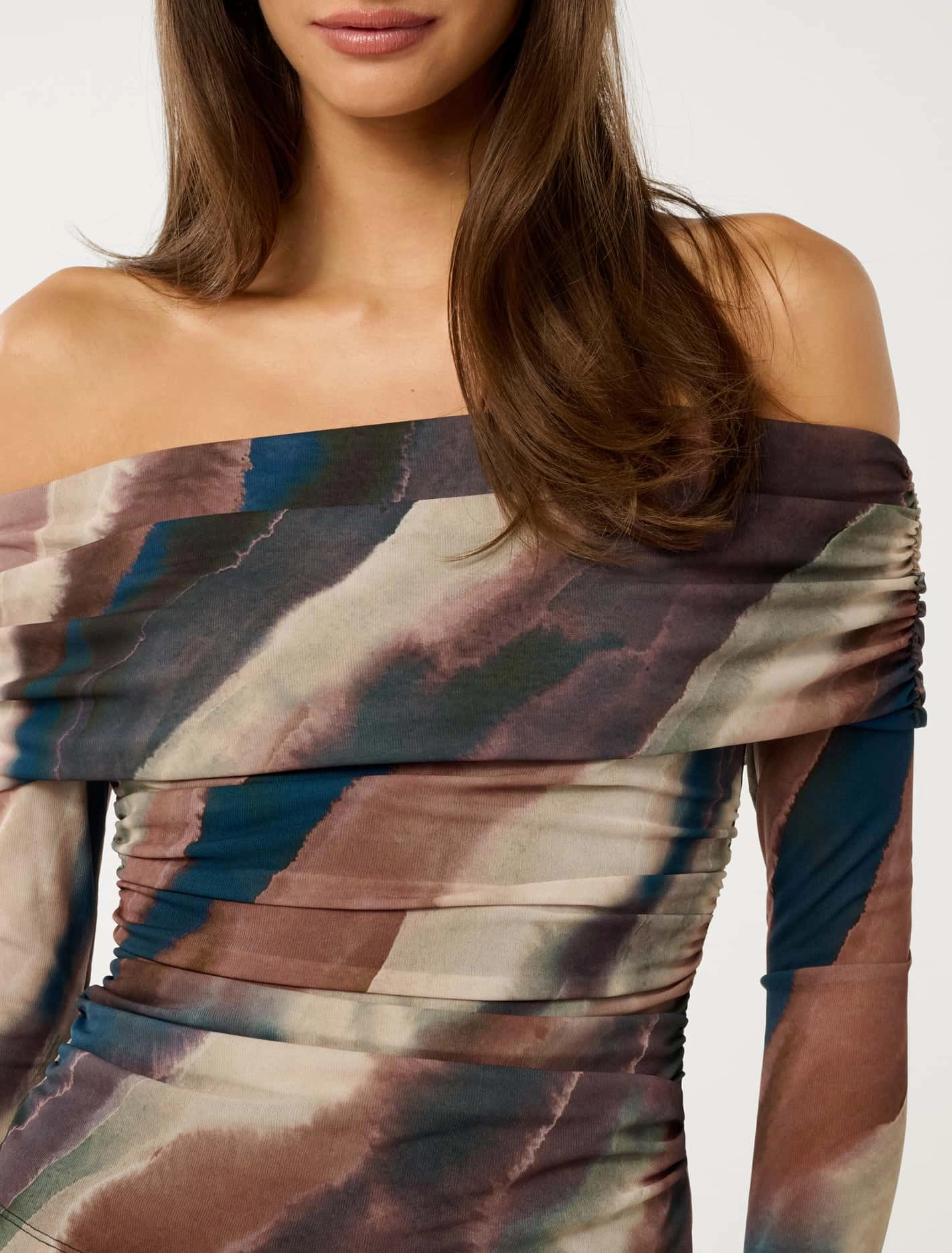 Kaia Ruched Mesh Bardot Top
