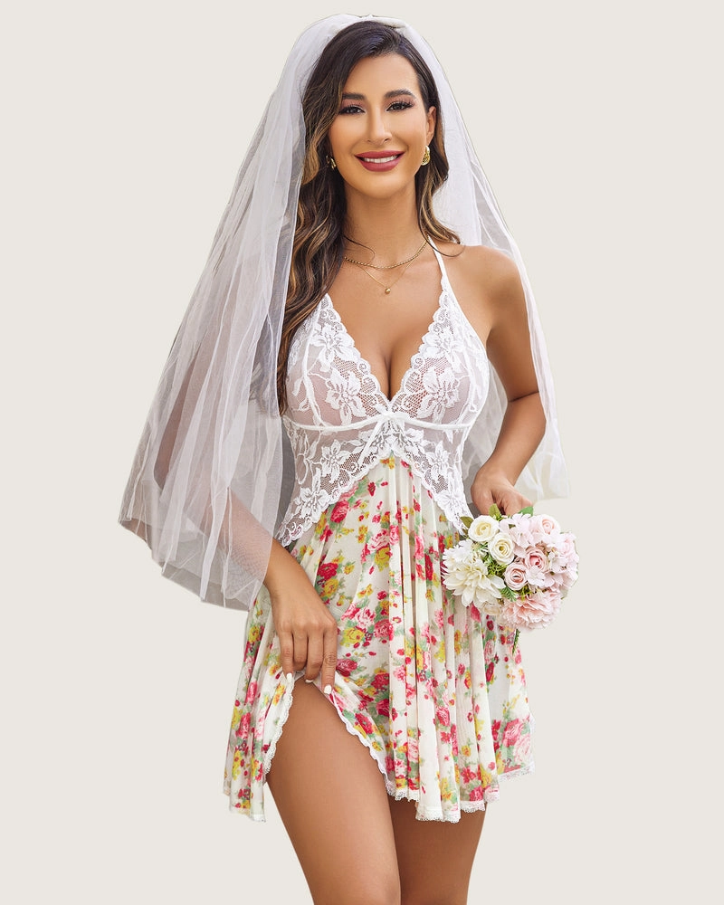 Lace Halter V Neck Nightgown