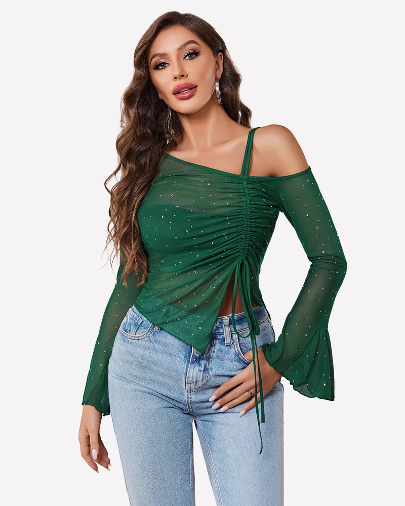 Mesh Top Long Sleeve Rhinestone Tops