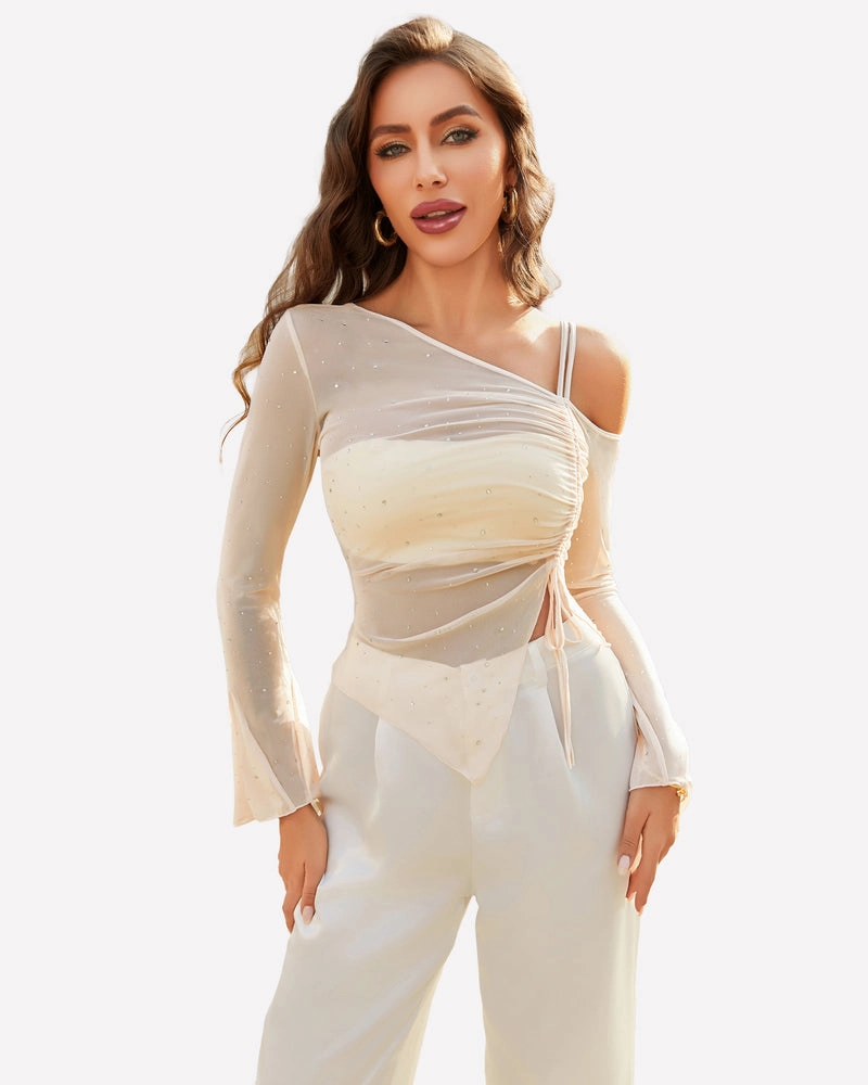 Mesh Top Long Sleeve Rhinestone Tops