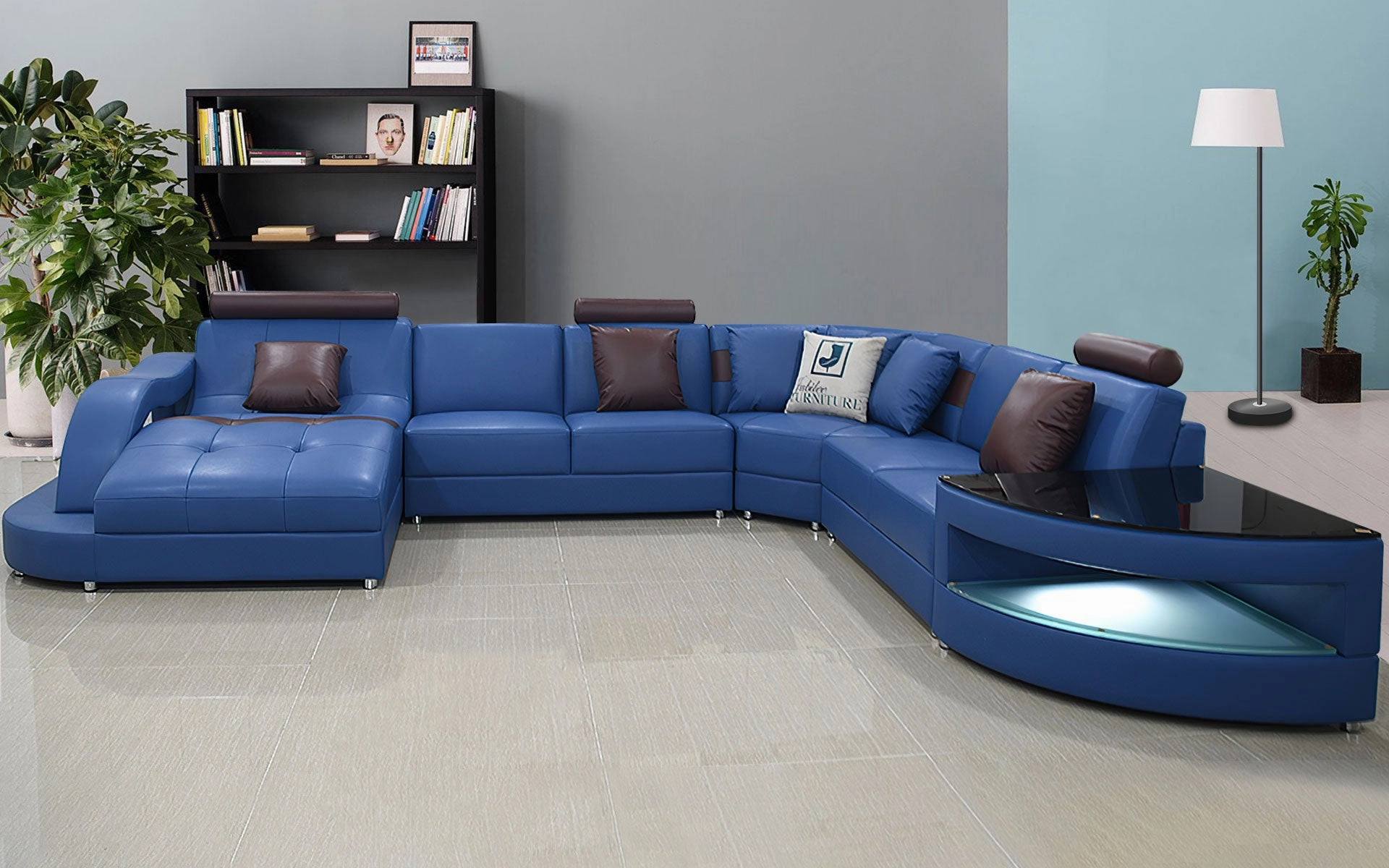 Navy Blue & Kahki Navasota Large Leather Sectional with Shape Chaise