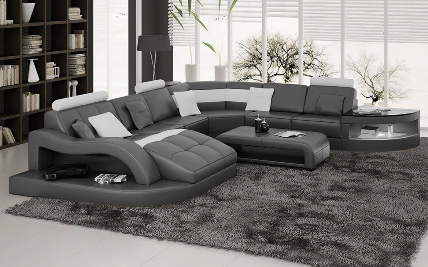 Navy Blue & Kahki Navasota Large Leather Sectional with Shape Chaise
