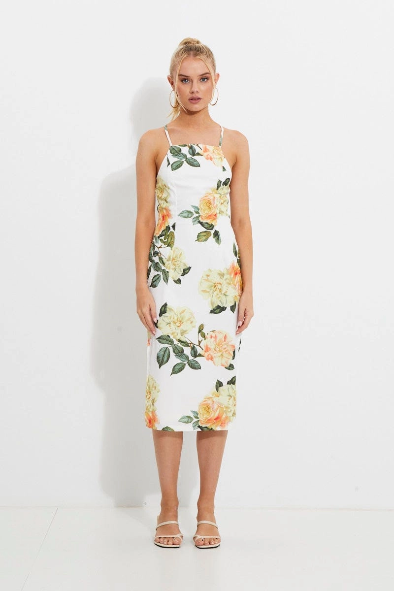Print Designer Yellow Rose Racer Neck Slip Midi Dress