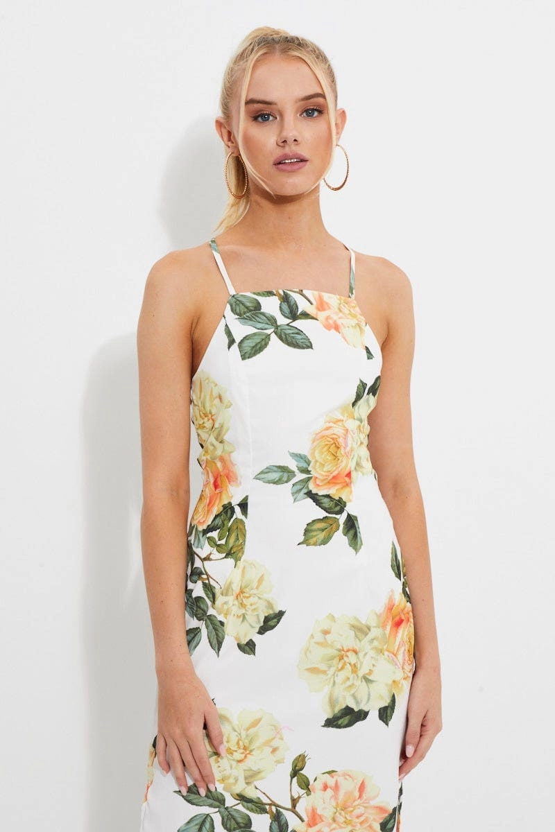 Print Designer Yellow Rose Racer Neck Slip Midi Dress