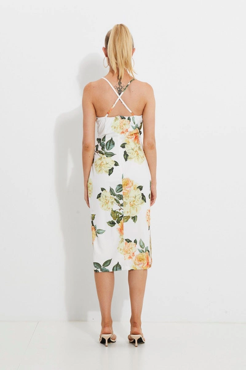 Print Designer Yellow Rose Racer Neck Slip Midi Dress