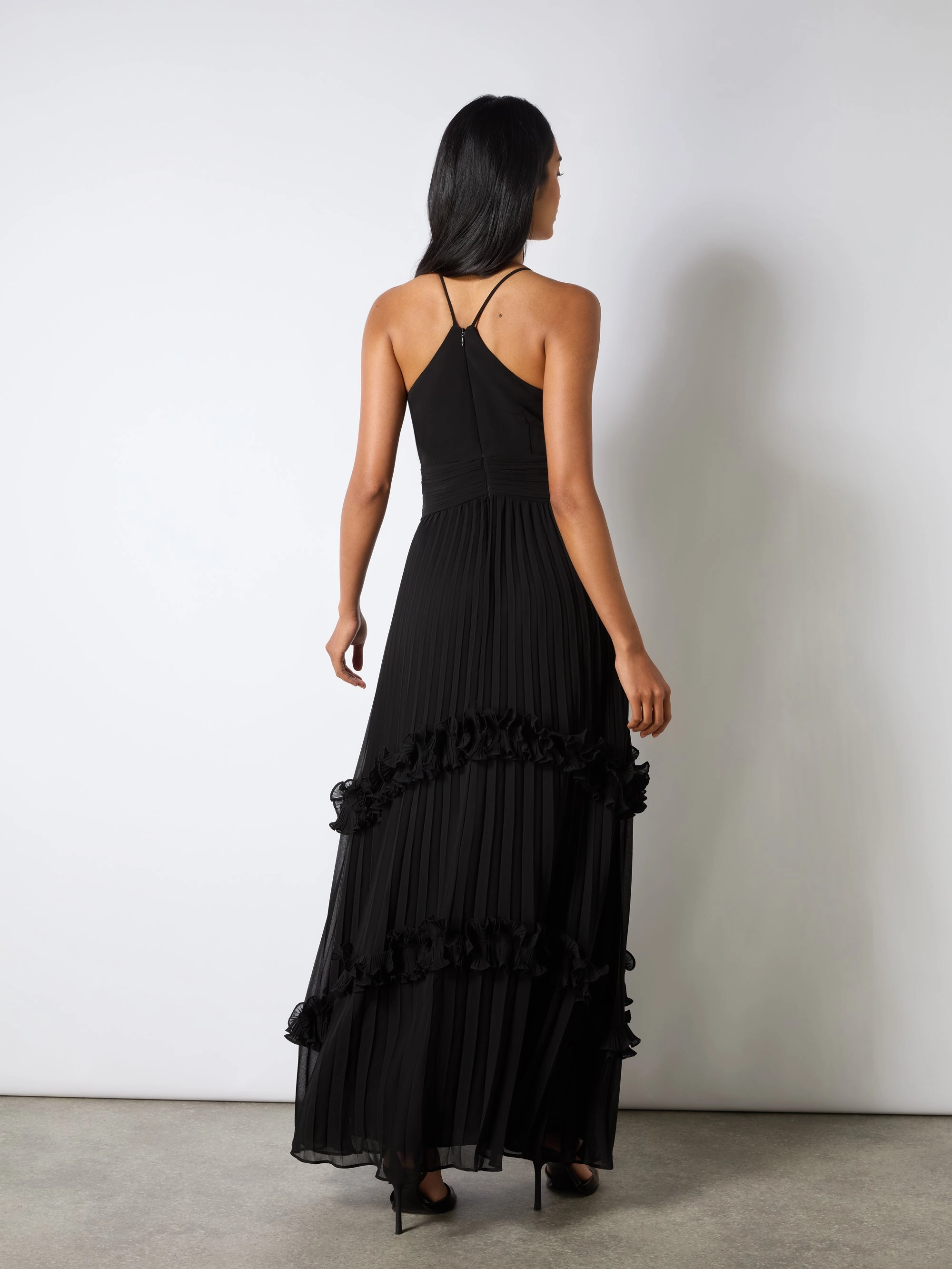 Sienna Black Pleated Frill Maxi Dress