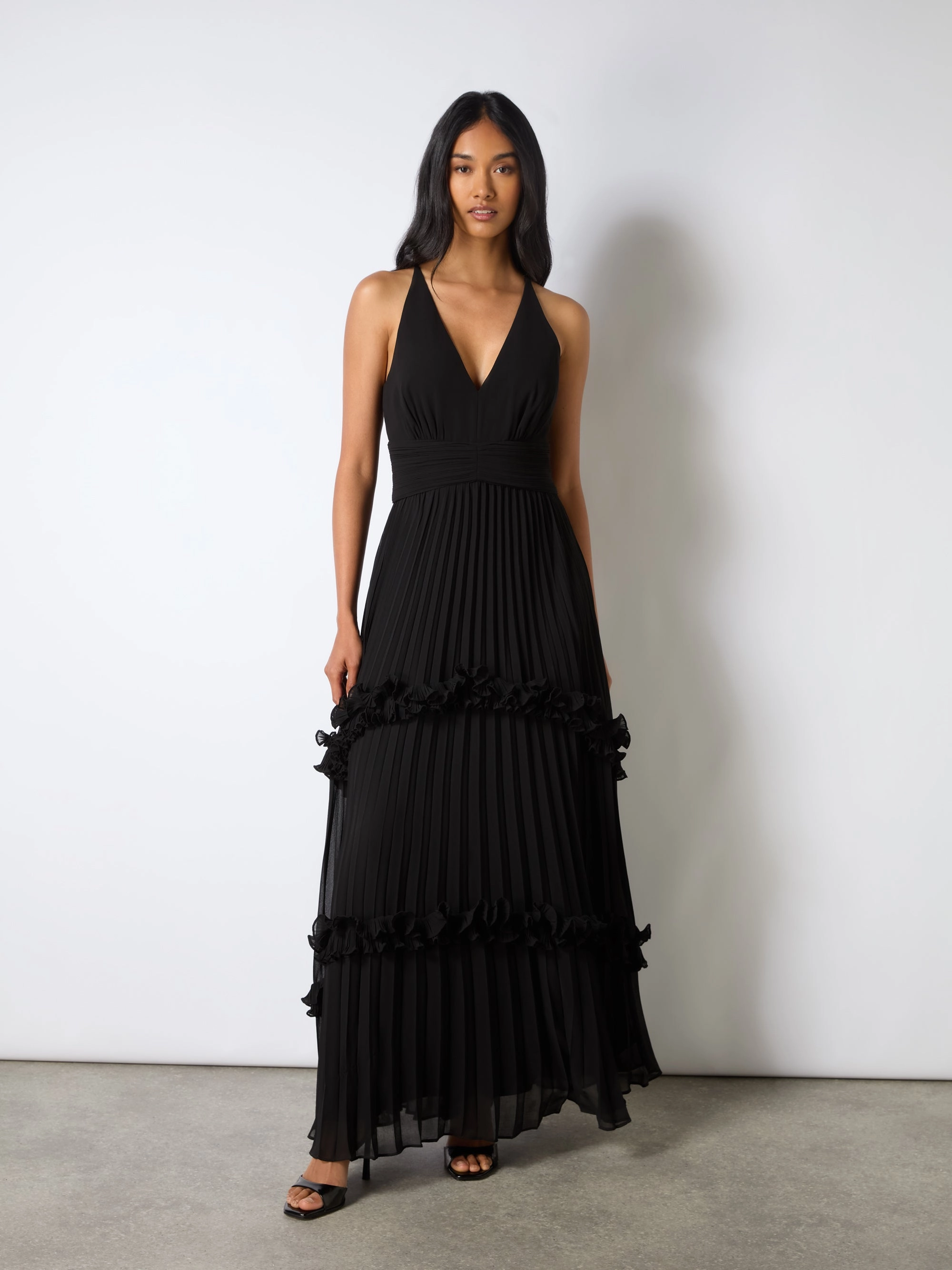 Sienna Black Pleated Frill Maxi Dress